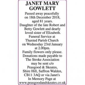 JANET MARY GOWLETT